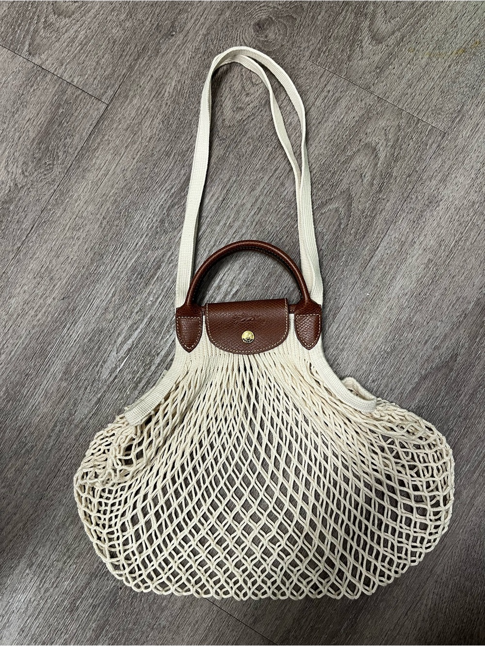 Longchamp le Pliage Filet Mesh Tote Bag with Brown Leather Trim - Cream/Ecru